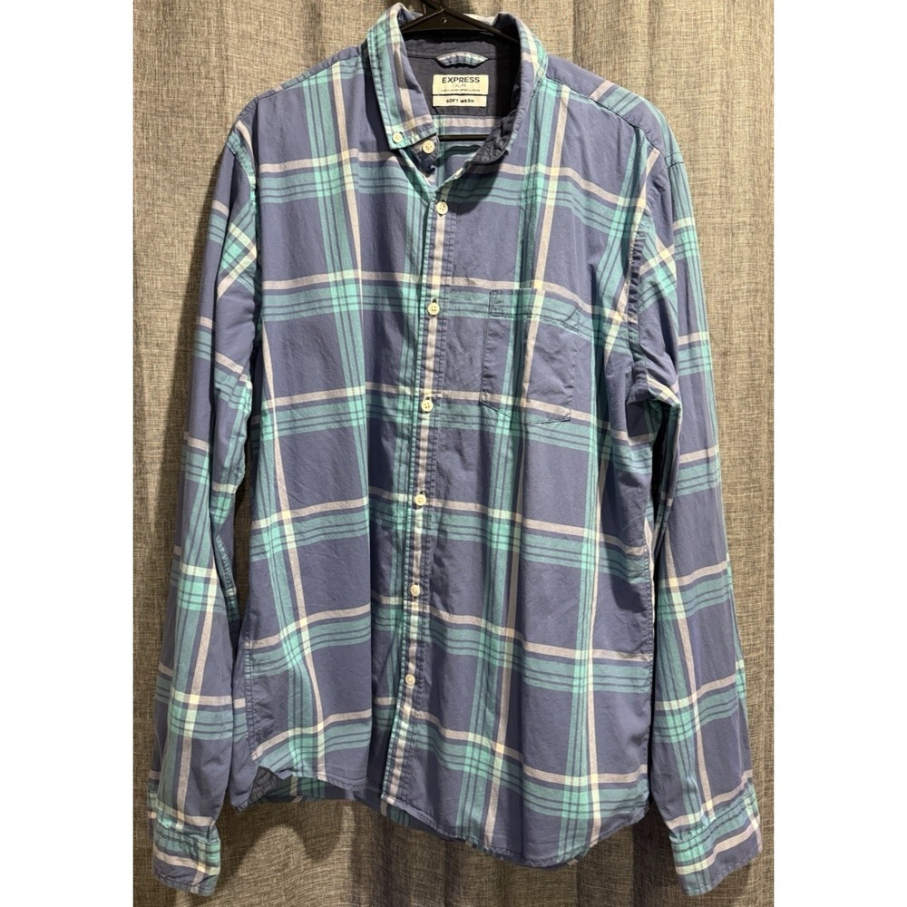 EXPRESS Mens Soft Wash‎ Plaid Button Down 100% Cotton Shirt XL Blues Long Sleeve